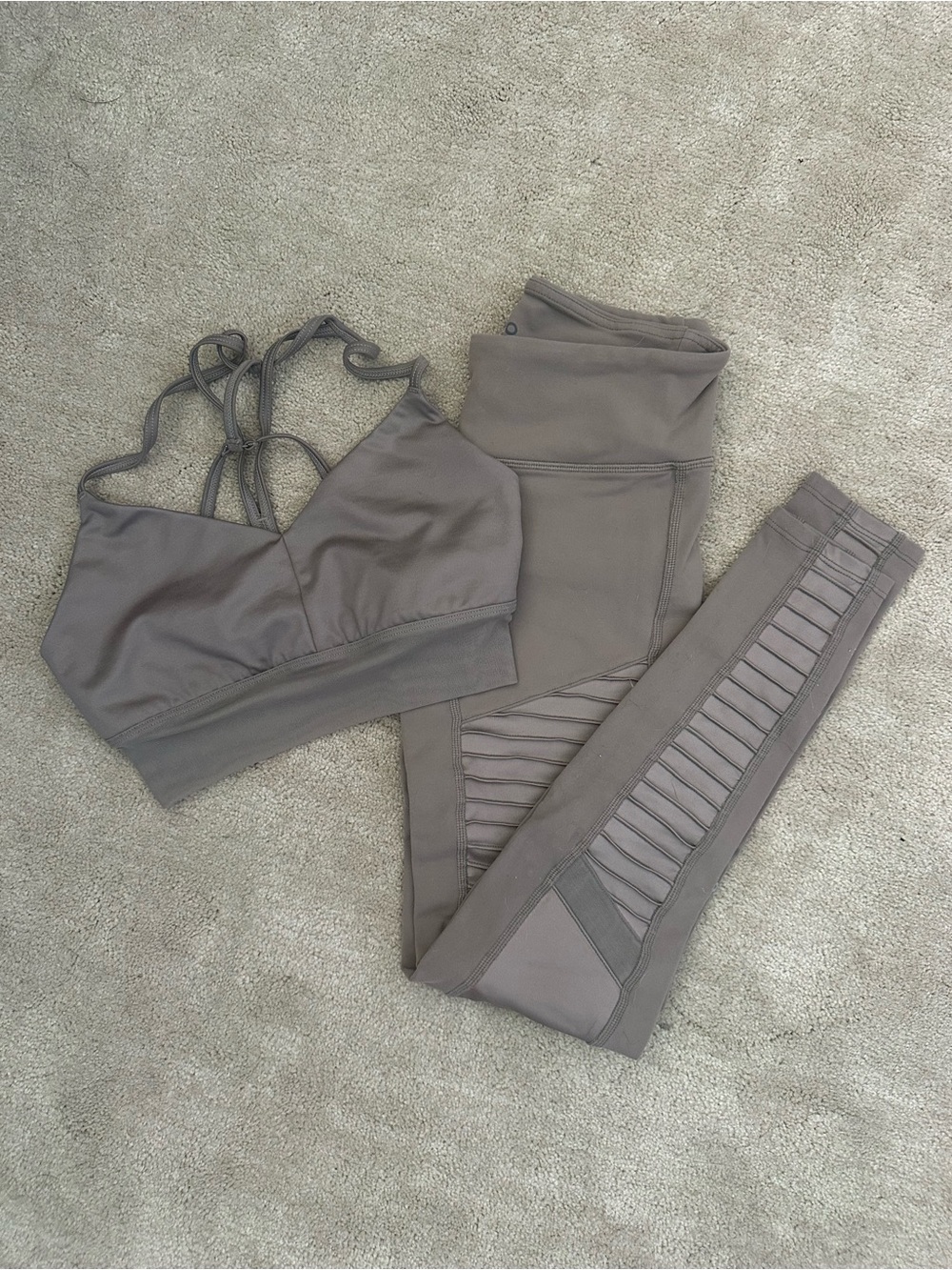 ALO Yoga Strappy Sports Bra and Mesh-Panel Leggings in Taupe